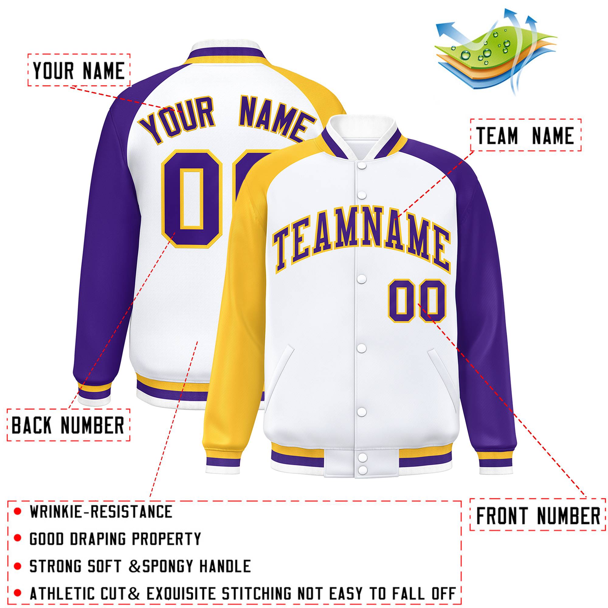 Custom White Purple-Gold Varsity Full-Snap Authentic Raglan Sleeves Letterman Bomber Jacket