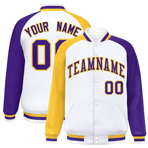 Custom White Purple-Gold Varsity Full-Snap Authentic Raglan Sleeves Letterman Bomber Jacket