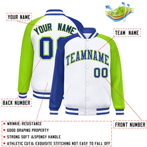 Custom White Neon Green-Royal Varsity Full-Snap Authentic Raglan Sleeves Letterman Bomber Jacket