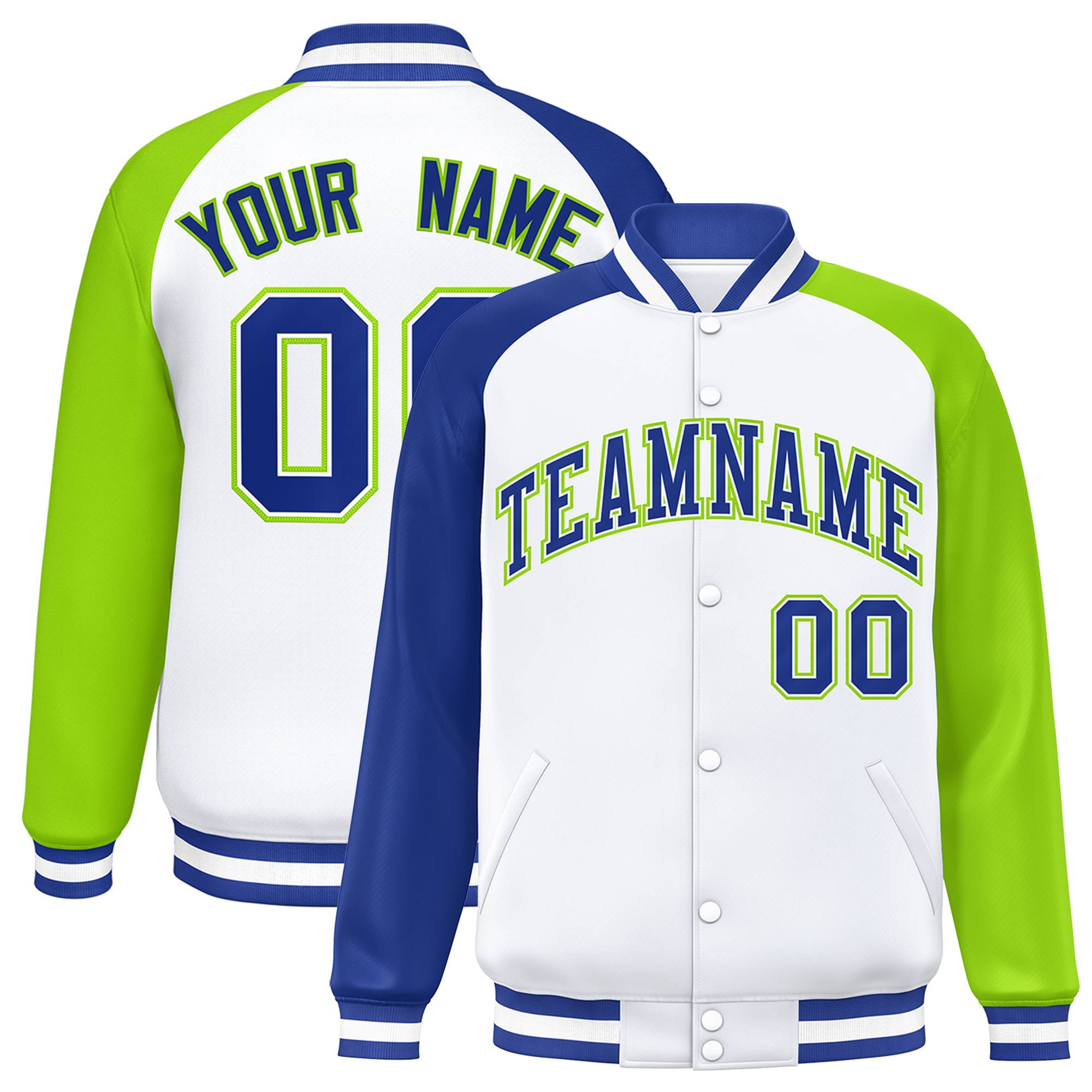 Custom White Neon Green-Royal Varsity Full-Snap Authentic Raglan Sleeves Letterman Bomber Jacket