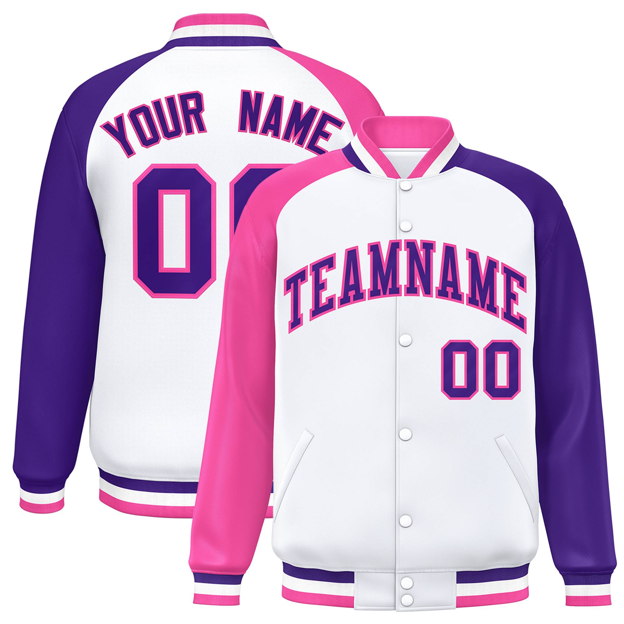 Custom White Purple-Pink Varsity Full-Snap Authentic Raglan Sleeves Letterman Bomber Jacket