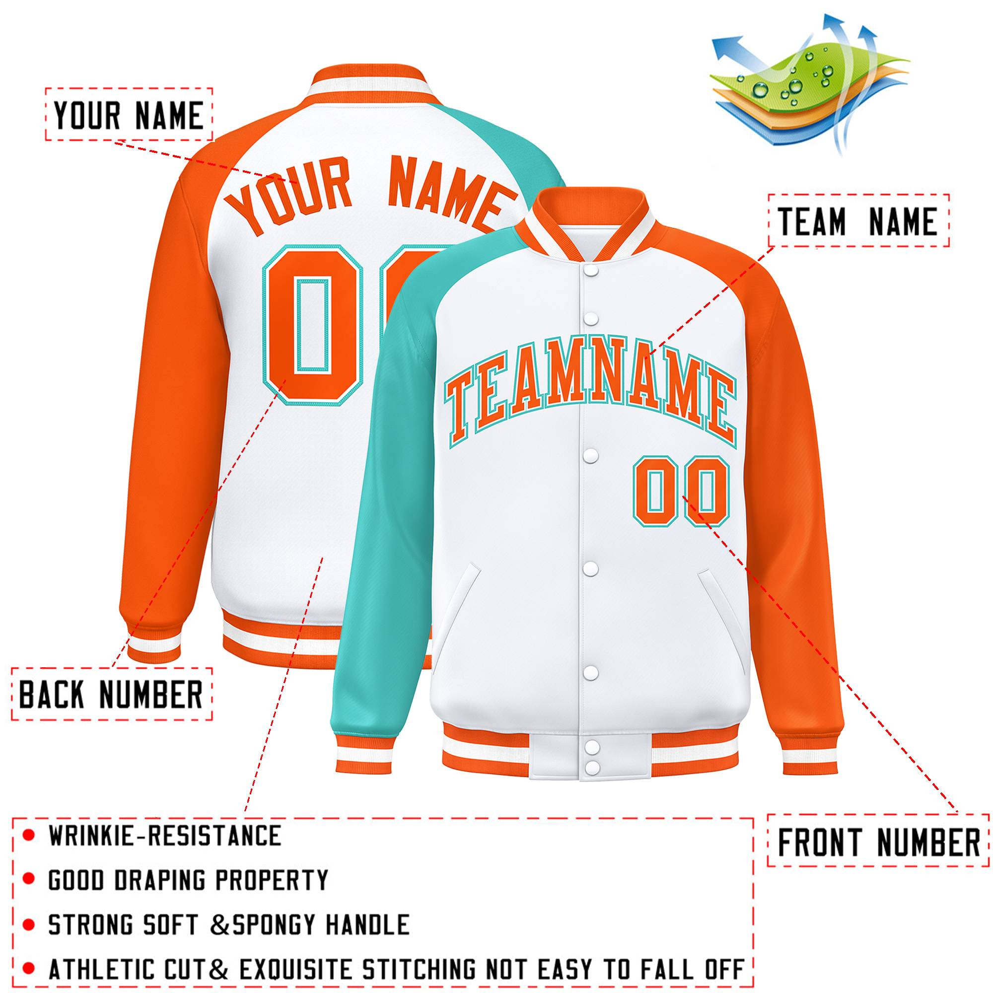 Custom White Orange-Bright Green Varsity Full-Snap Authentic Raglan Sleeves Letterman Bomber Jacket