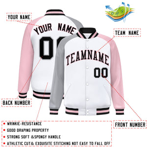 Custom White Light Pink-Gray Varsity Full-Snap Authentic Raglan Sleeves Letterman Bomber Jacket