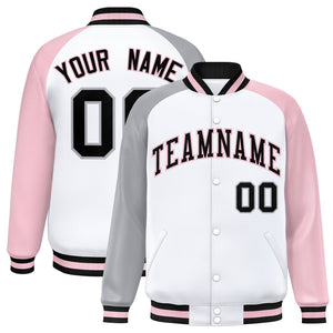 Custom White Light Pink-Gray Varsity Full-Snap Authentic Raglan Sleeves Letterman Bomber Jacket