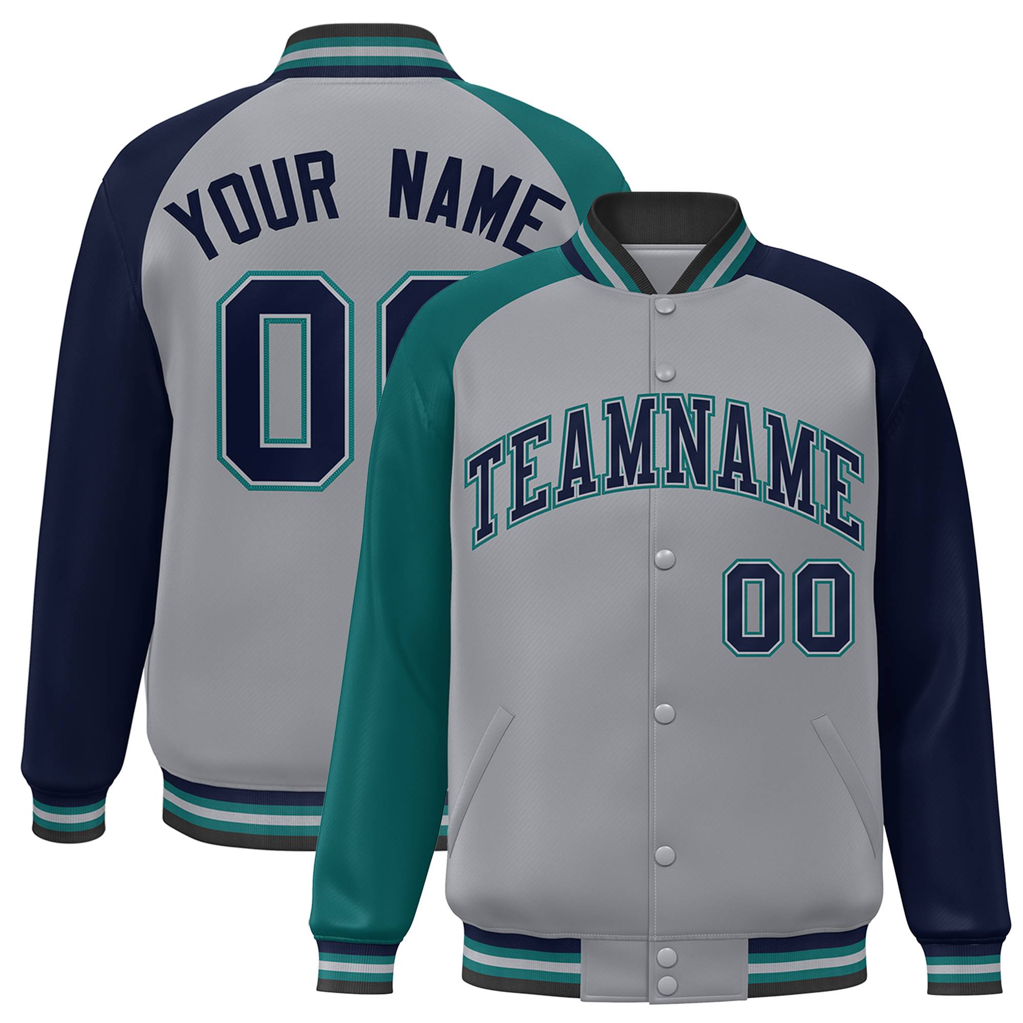 Custom Gray Navy-Aqua Varsity Full-Snap Authentic Raglan Sleeves Letterman Bomber Jacket