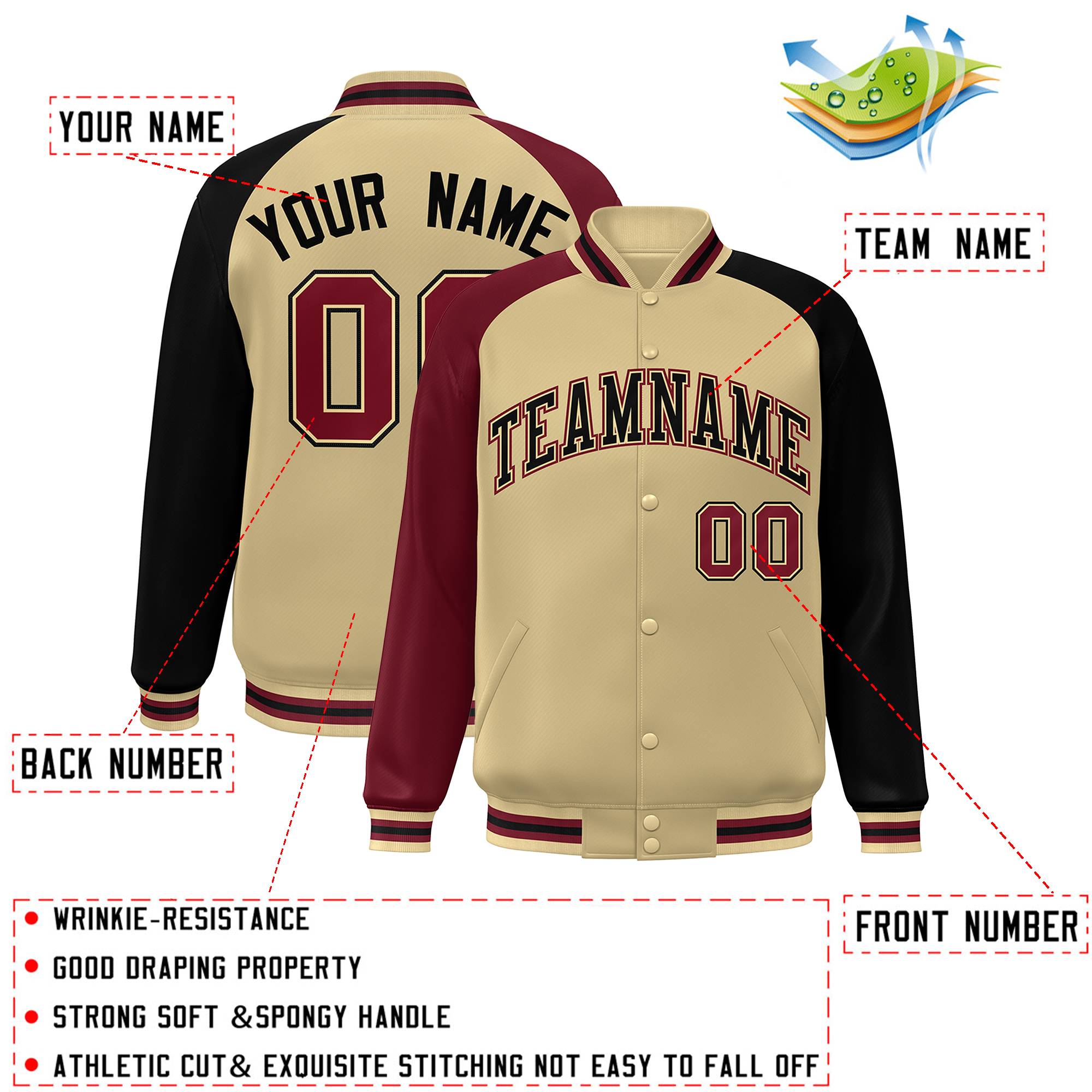 Custom Khaki Black-Crimson Varsity Full-Snap Authentic Raglan Sleeves Letterman Bomber Jacket