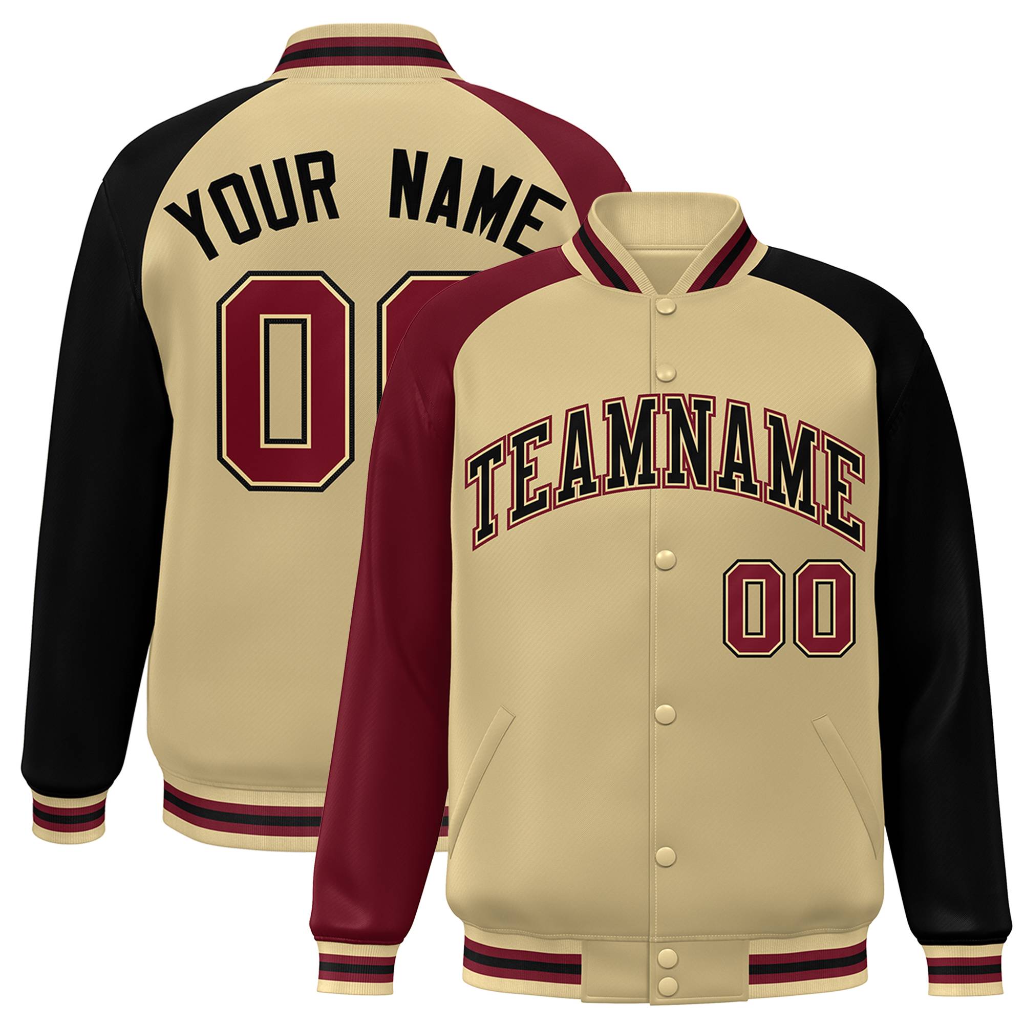 Custom Khaki Black-Crimson Varsity Full-Snap Authentic Raglan Sleeves Letterman Bomber Jacket