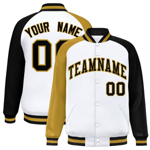 Custom White Black-Gold Varsity Full-Snap Authentic Raglan Sleeves Letterman Bomber Jacket