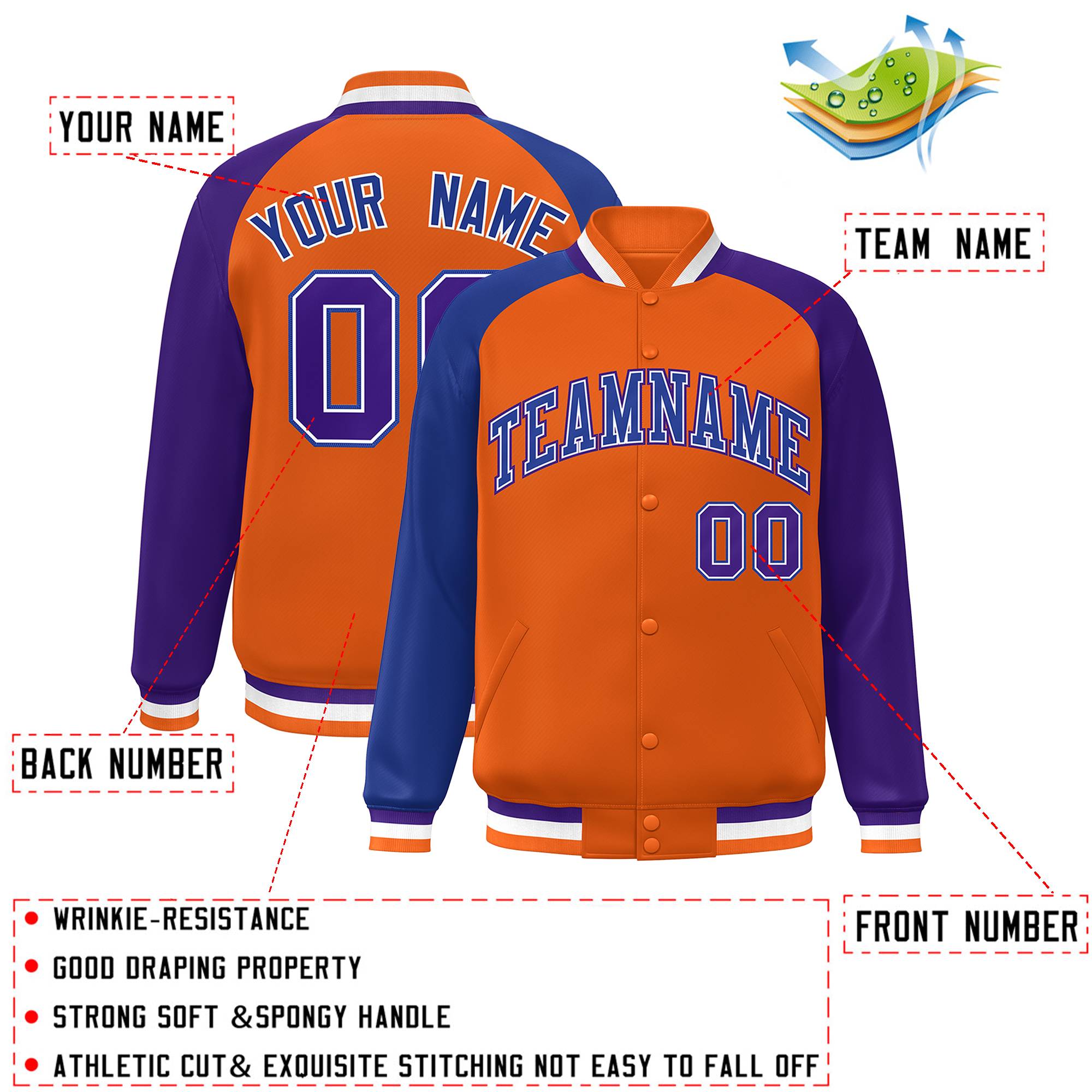 Custom Orange Purple-Royal Varsity Full-Snap Authentic Raglan Sleeves Letterman Bomber Jacket