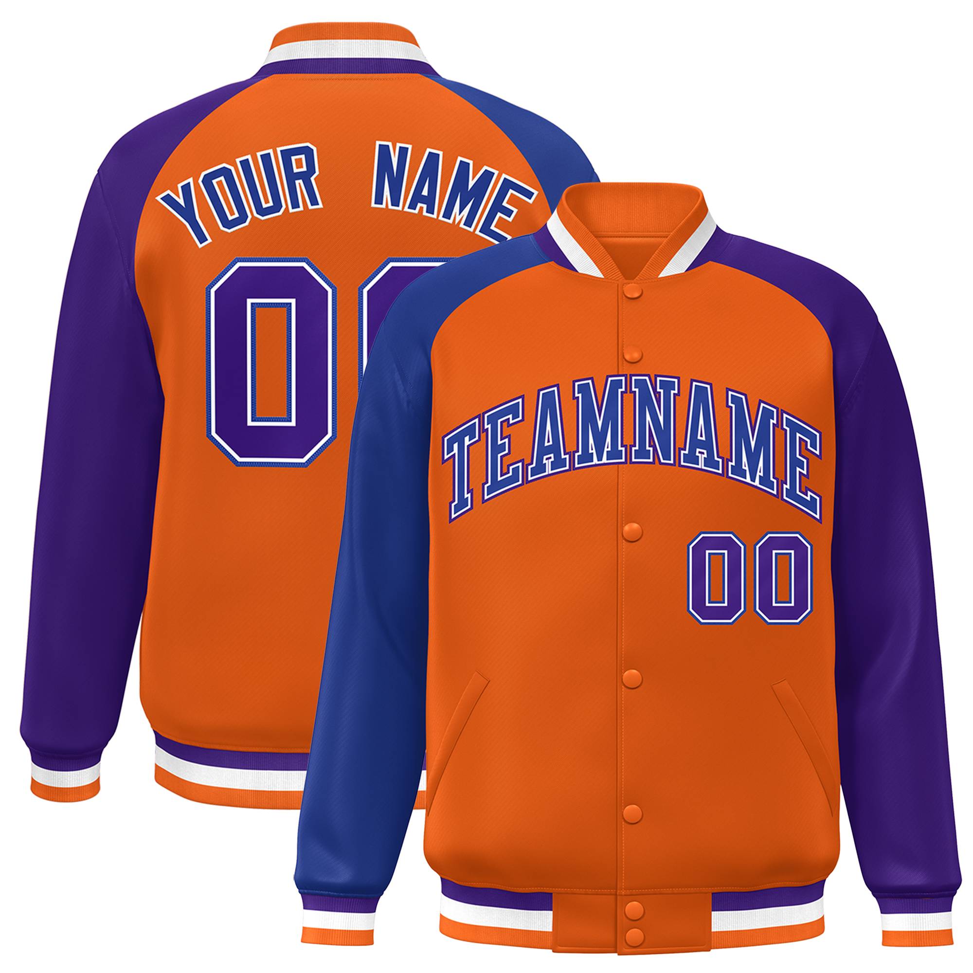 Custom Orange Purple-Royal Varsity Full-Snap Authentic Raglan Sleeves Letterman Bomber Jacket