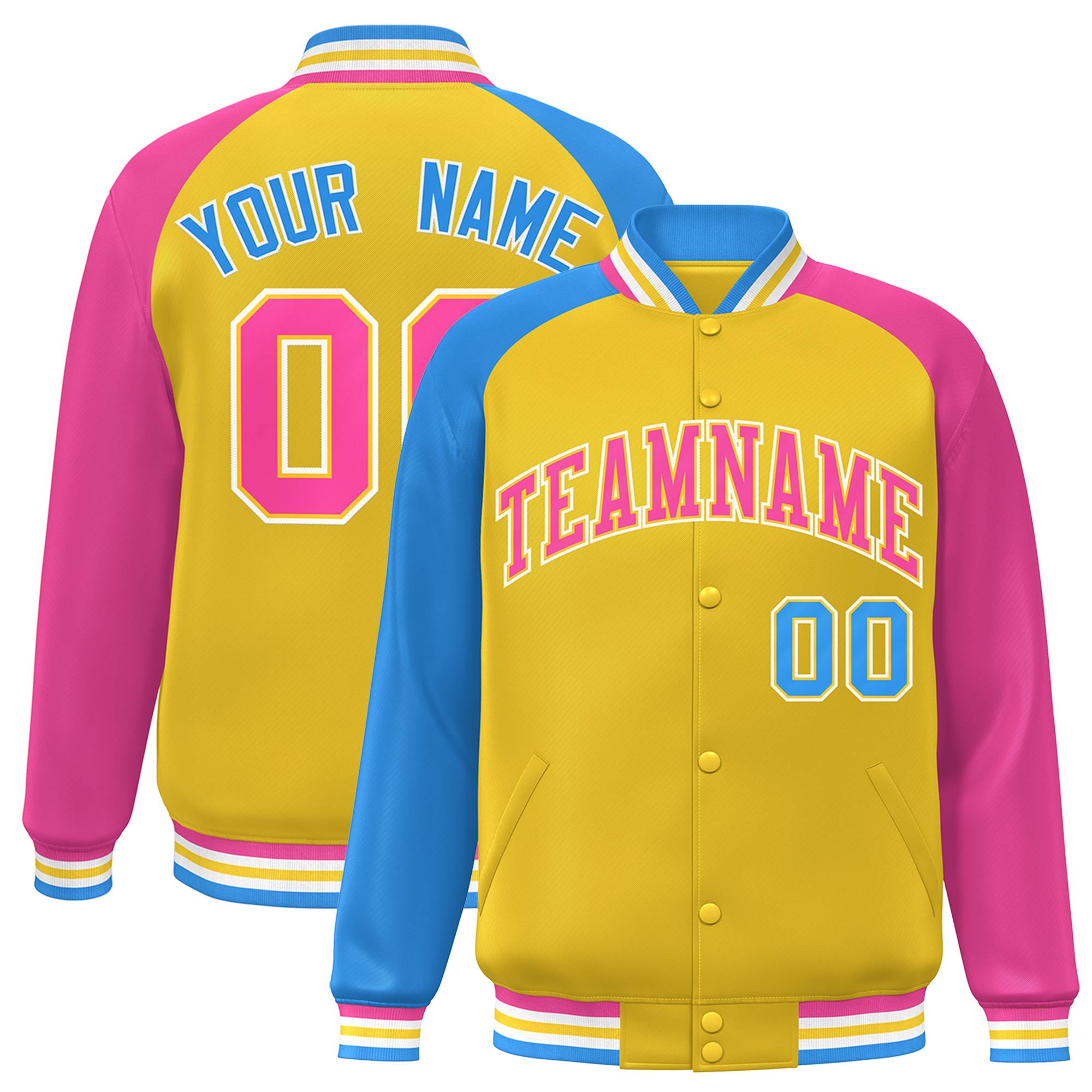 Custom Gold Pink-Powder Blue Varsity Full-Snap Authentic Raglan Sleeves Letterman Bomber Jacket