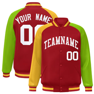 Custom Red Neon Green-Gold Varsity Full-Snap Authentic Raglan Sleeves Letterman Bomber Jacket