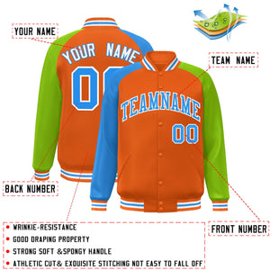 Custom Orange Neon Green-Powder Blue Varsity Full-Snap Authentic Raglan Sleeves Letterman Bomber Jacket