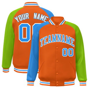 Custom Orange Neon Green-Powder Blue Varsity Full-Snap Authentic Raglan Sleeves Letterman Bomber Jacket