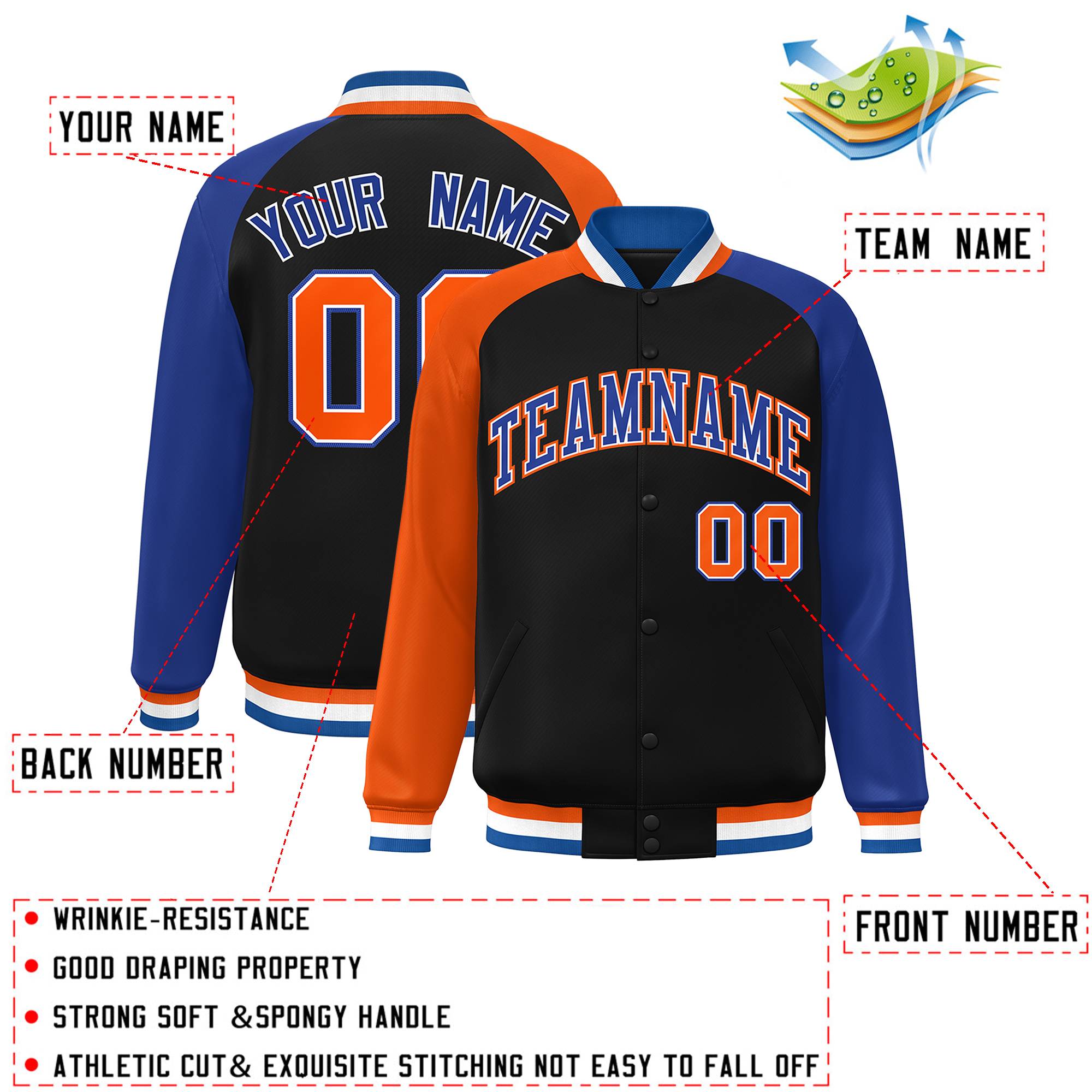 Custom Black Royal-Orange Varsity Full-Snap Authentic Raglan Sleeves Letterman Bomber Jacket