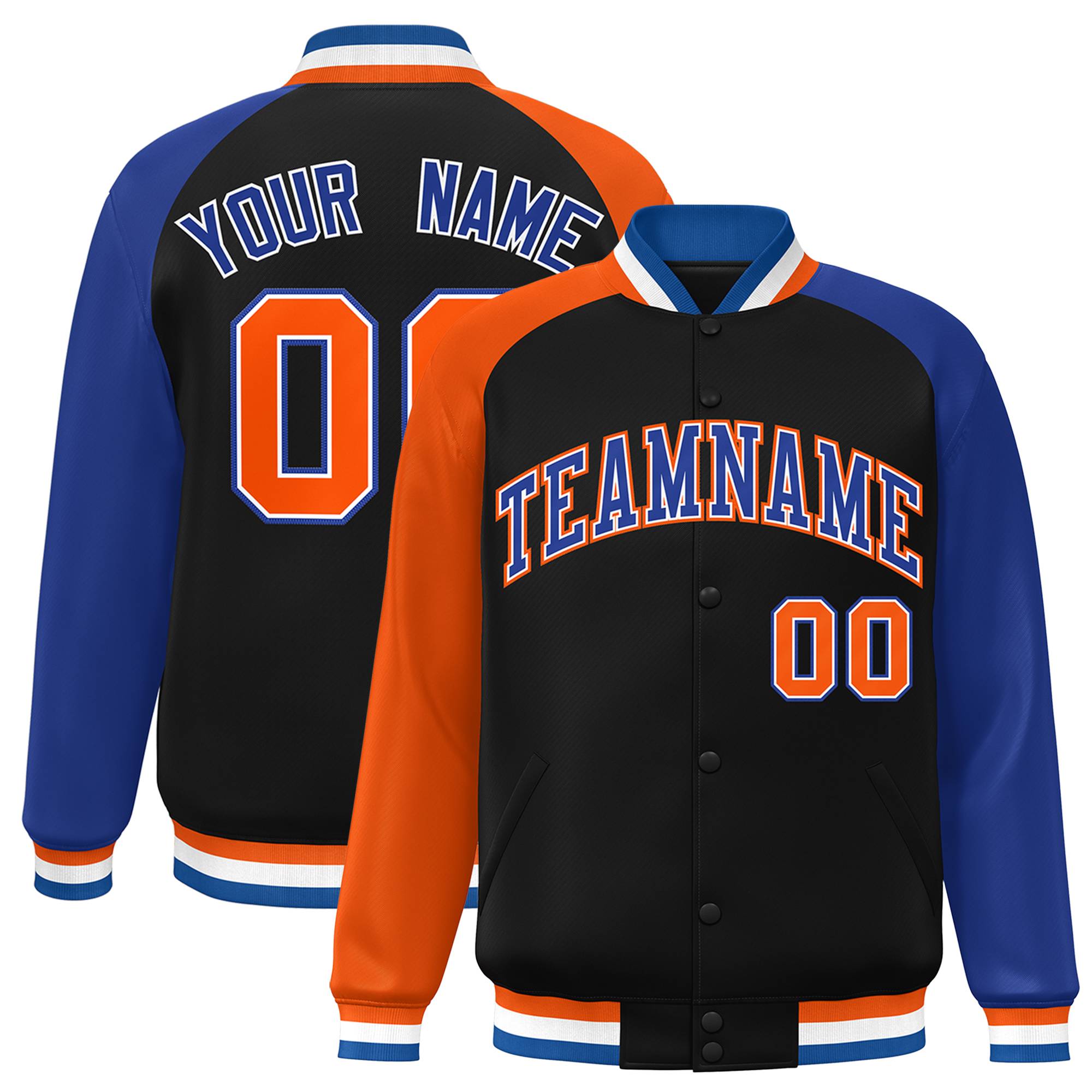 Custom Black Royal-Orange Varsity Full-Snap Authentic Raglan Sleeves Letterman Bomber Jacket