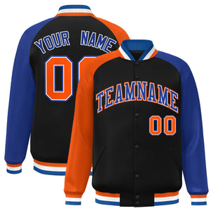 Custom Black Royal-Orange Varsity Full-Snap Authentic Raglan Sleeves Letterman Bomber Jacket