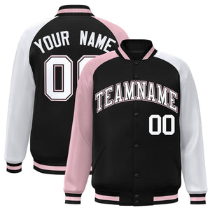 Custom Black White-Light Pink Varsity Full-Snap Authentic Raglan Sleeves Letterman Bomber Jacket