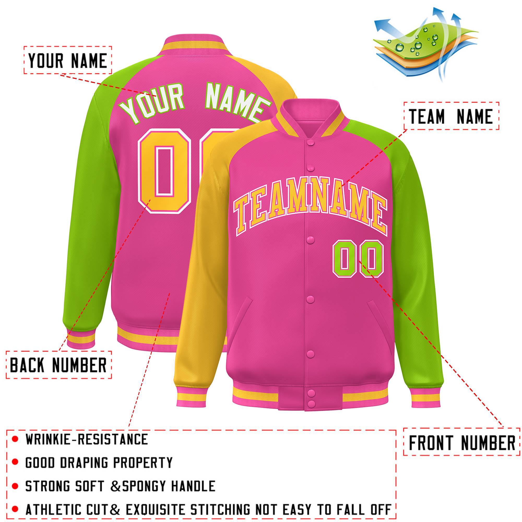 Custom Orange Neon Green-Gold Varsity Full-Snap Authentic Raglan Sleeves Letterman Bomber Jacket