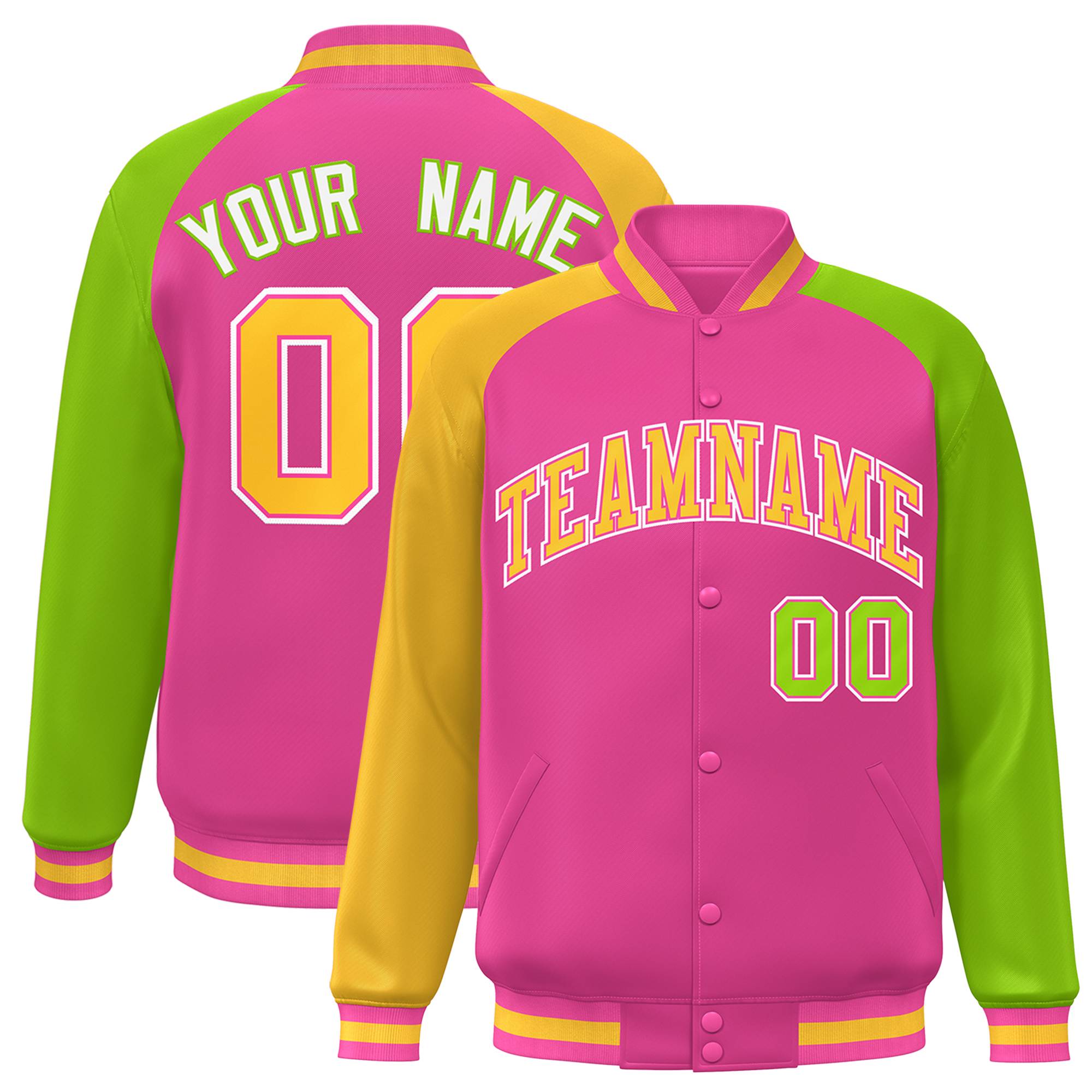 Custom Orange Neon Green-Gold Varsity Full-Snap Authentic Raglan Sleeves Letterman Bomber Jacket