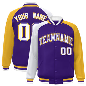 Custom Purple Gold-White Varsity Full-Snap Authentic Raglan Sleeves Letterman Bomber Jacket