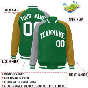 Custom Kelly Green Gold-Gray Varsity Full-Snap Authentic Raglan Sleeves Letterman Bomber Jacket