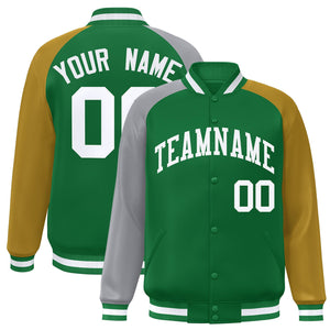 Custom Kelly Green Gold-Gray Varsity Full-Snap Authentic Raglan Sleeves Letterman Bomber Jacket