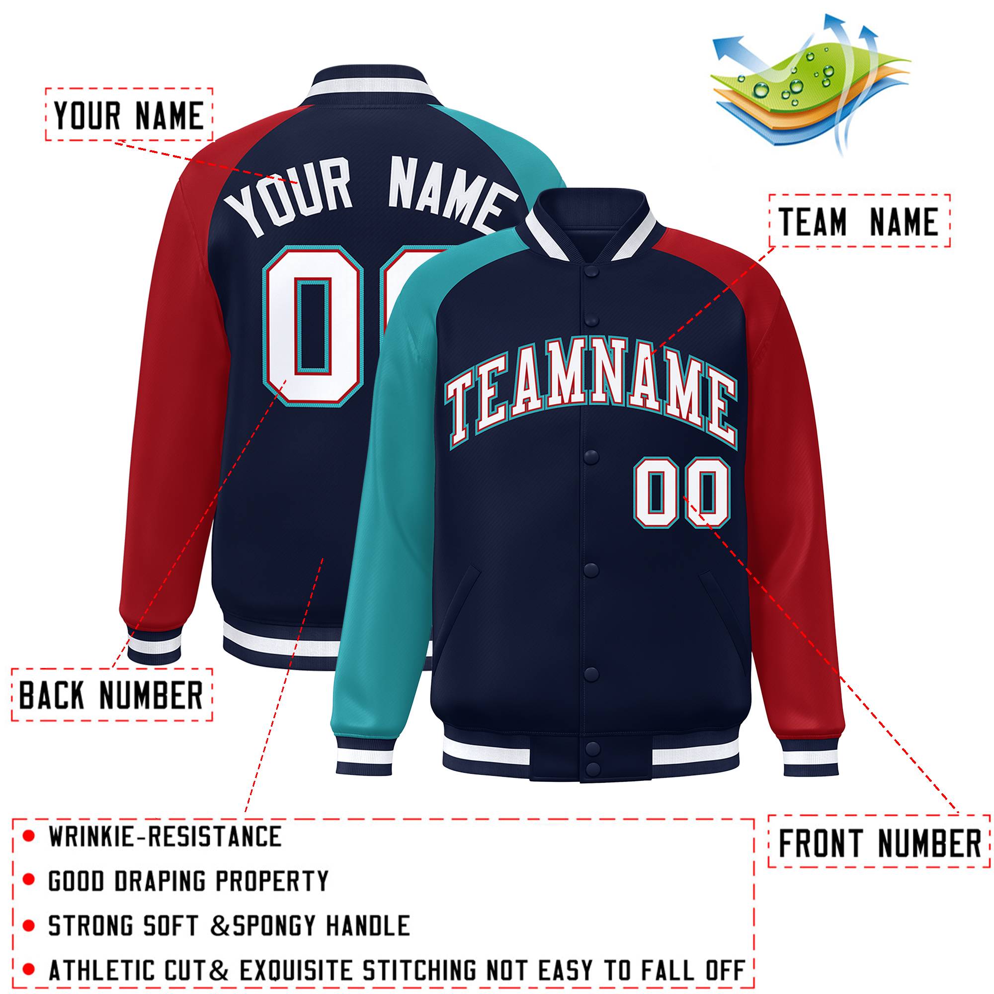 Custom Navy Red-Aqua Varsity Full-Snap Authentic Raglan Sleeves Letterman Bomber Jacket