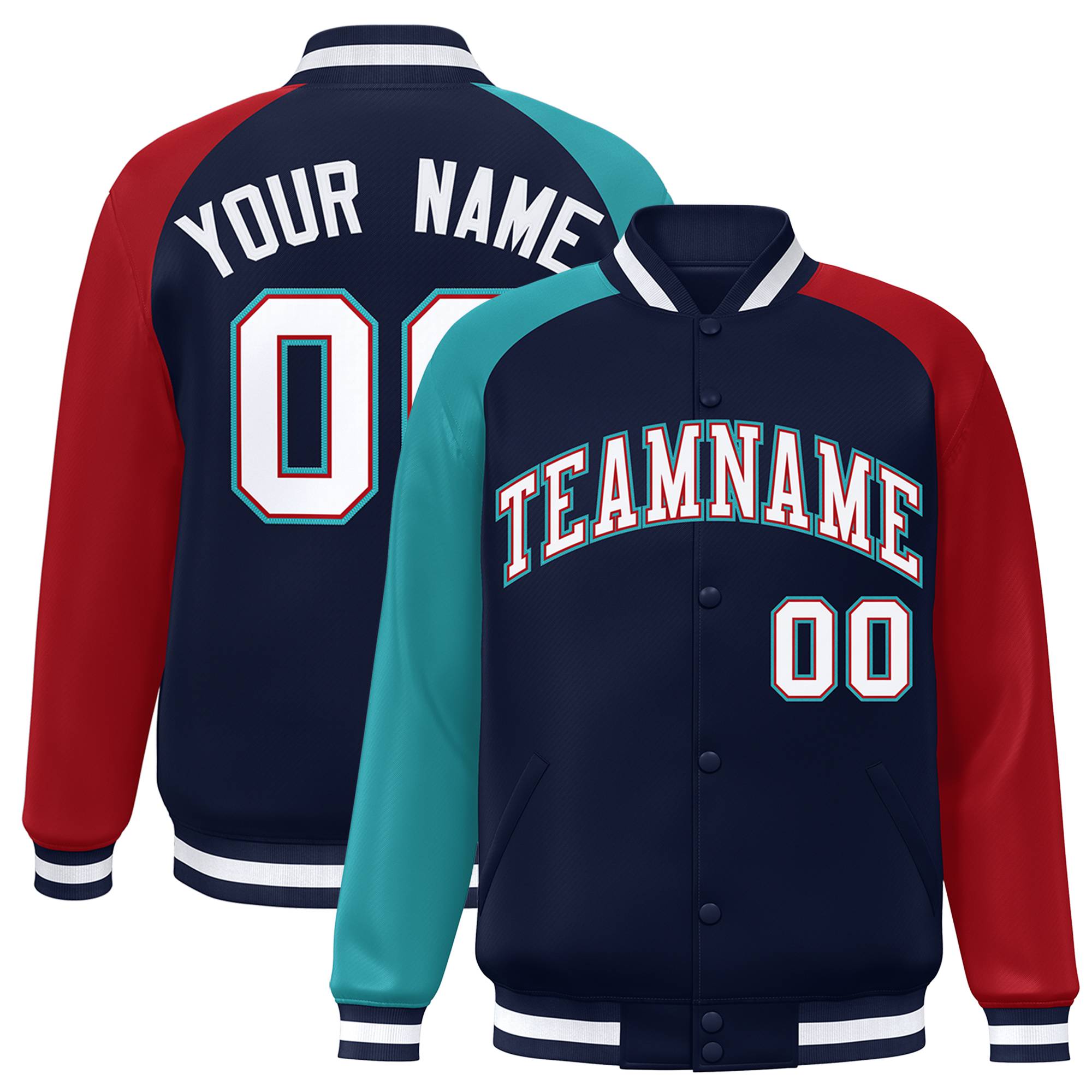 Custom Navy Red-Aqua Varsity Full-Snap Authentic Raglan Sleeves Letterman Bomber Jacket