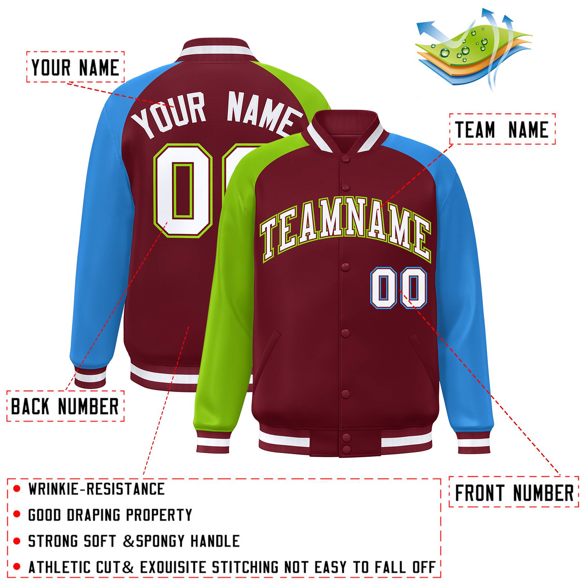 Custom Crimson Powder Blue-Neon Green Varsity Full-Snap Authentic Raglan Sleeves Letterman Bomber Jacket