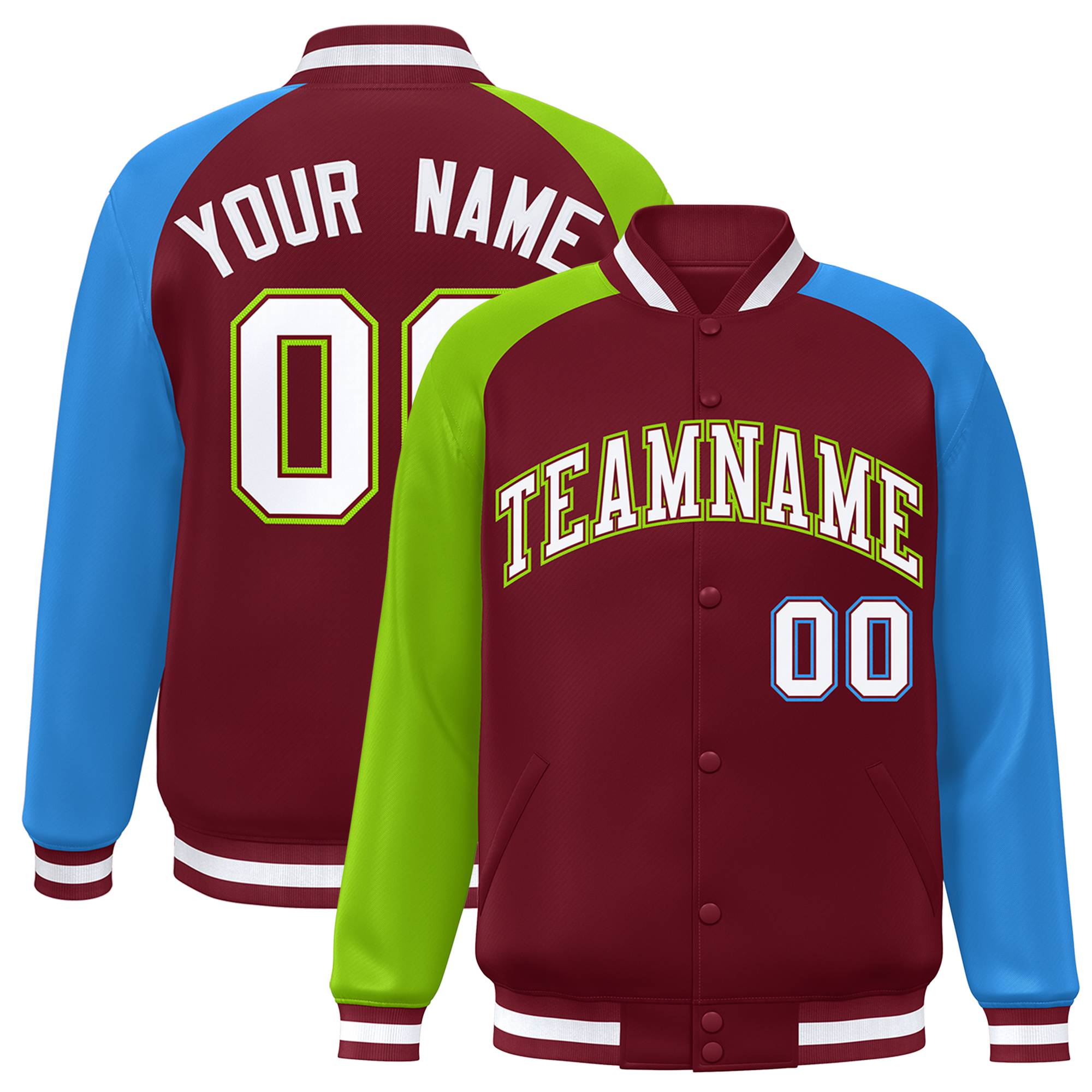 Custom Crimson Powder Blue-Neon Green Varsity Full-Snap Authentic Raglan Sleeves Letterman Bomber Jacket