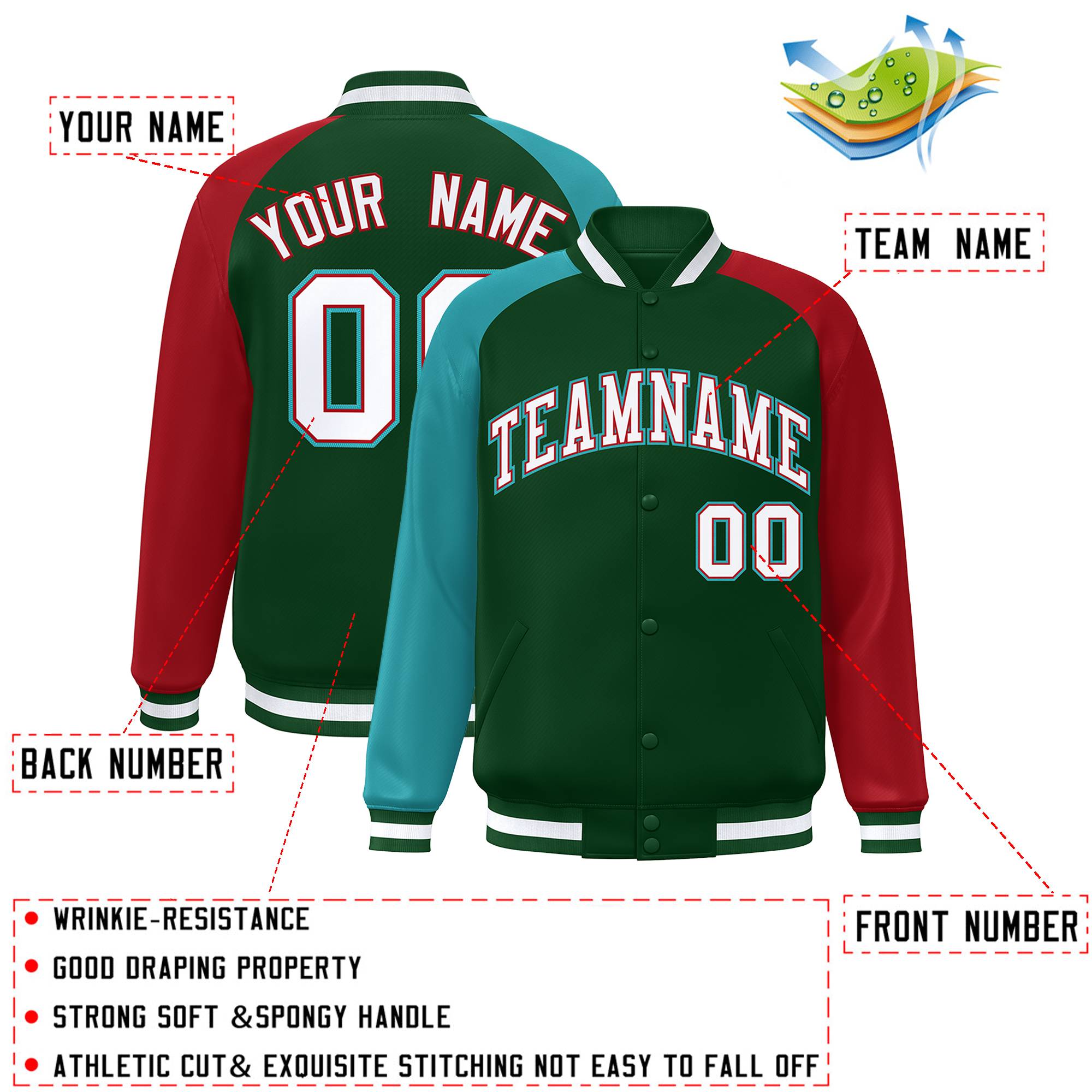 Custom Green Red-Aqua Varsity Full-Snap Authentic Raglan Sleeves Letterman Bomber Jacket