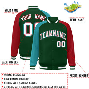 Custom Green Red-Aqua Varsity Full-Snap Authentic Raglan Sleeves Letterman Bomber Jacket