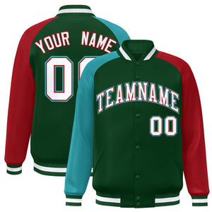 Custom Green Red-Aqua Varsity Full-Snap Authentic Raglan Sleeves Letterman Bomber Jacket