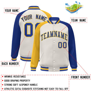 Custom Cream Royal-Gold Varsity Full-Snap Authentic Raglan Sleeves Letterman Bomber Jacket