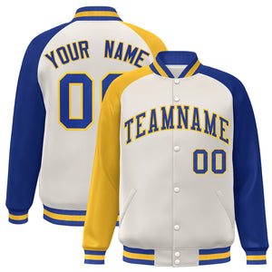 Custom Cream Royal-Gold Varsity Full-Snap Authentic Raglan Sleeves Letterman Bomber Jacket