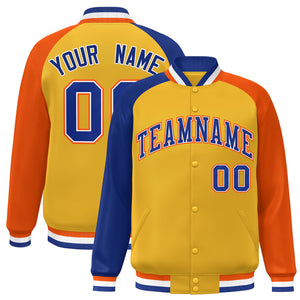 Custom Gold Orange-Royal Varsity Full-Snap Authentic Raglan Sleeves Letterman Bomber Jacket