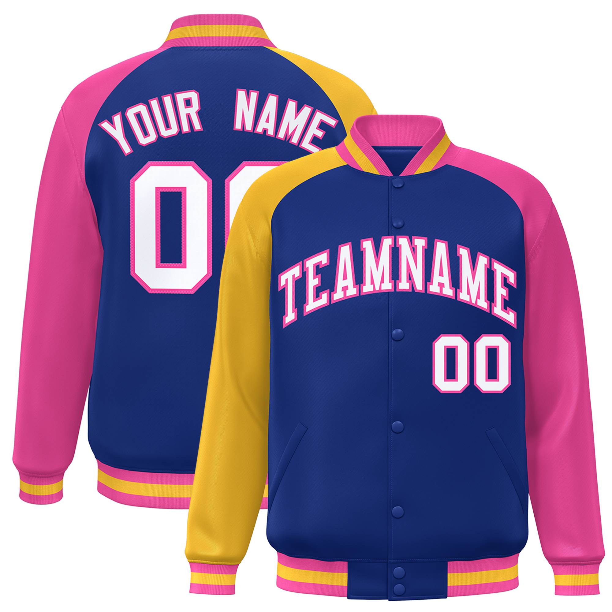 Custom Royal Pink-Gold Varsity Full-Snap Authentic Raglan Sleeves Letterman Bomber Jacket