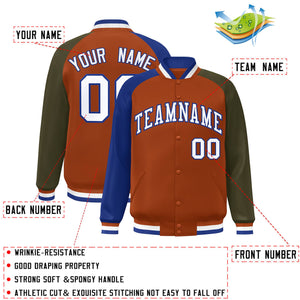 Custom Texas Orange Olive-Royal Varsity Full-Snap Authentic Raglan Sleeves Letterman Bomber Jacket