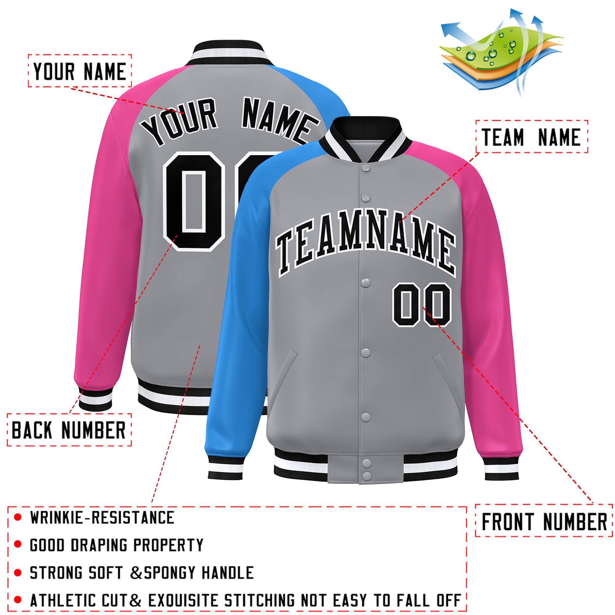 Custom Gray Pink-Powder Blue Varsity Full-Snap Authentic Raglan Sleeves Letterman Bomber Jacket