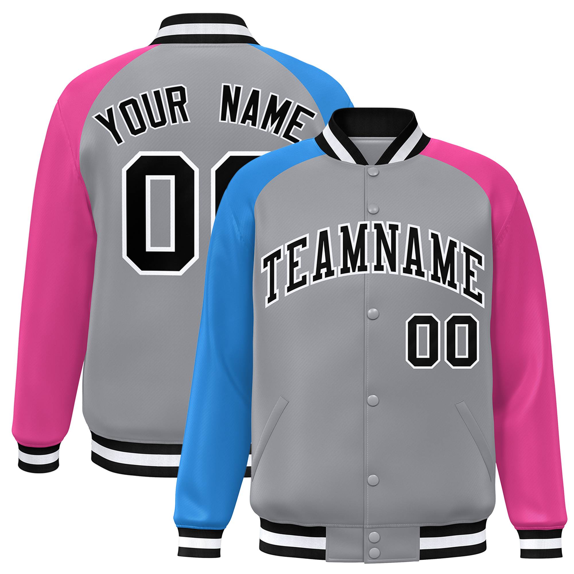 Custom Gray Pink-Powder Blue Varsity Full-Snap Authentic Raglan Sleeves Letterman Bomber Jacket