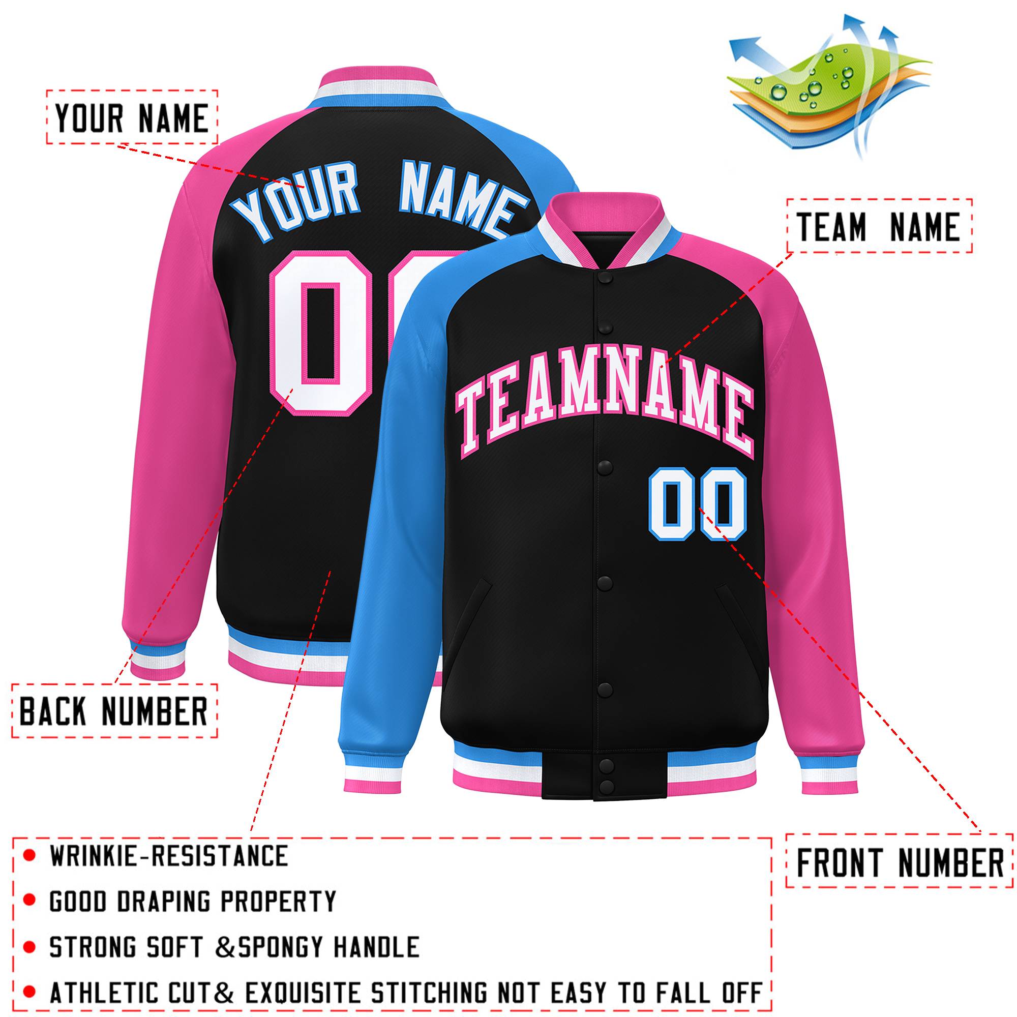 Custom Black Pink-Powder Blue Varsity Full-Snap Authentic Raglan Sleeves Letterman Bomber Jacket