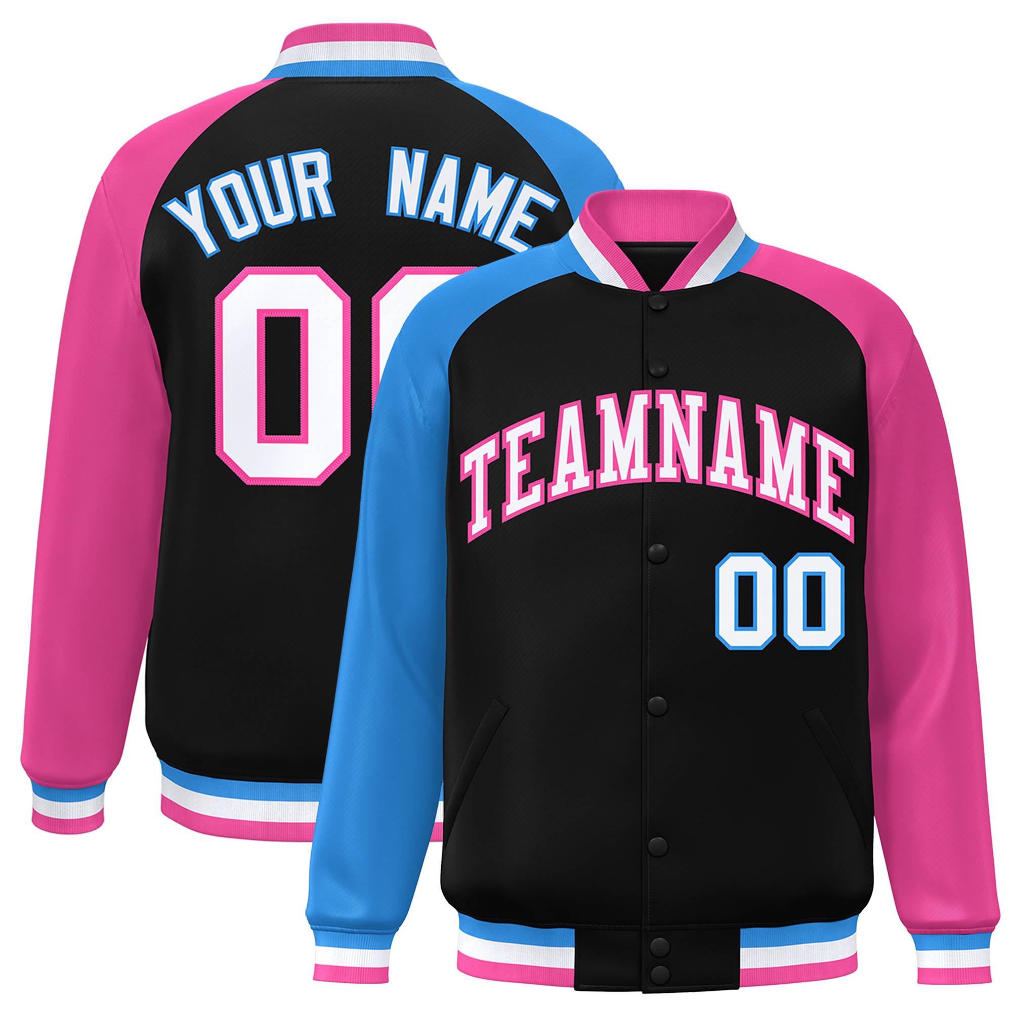 Custom Black Pink-Powder Blue Varsity Full-Snap Authentic Raglan Sleeves Letterman Bomber Jacket