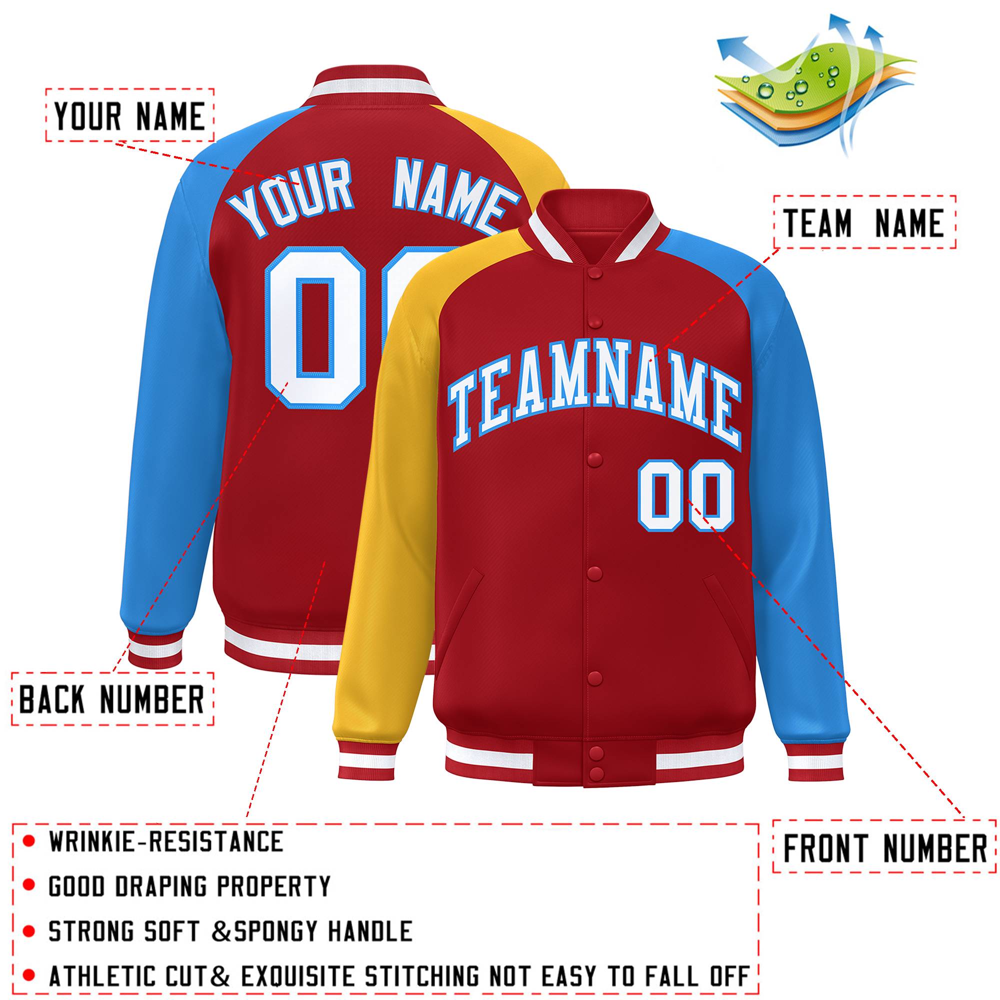 Custom Red Powder Blue-Gold Varsity Full-Snap Authentic Raglan Sleeves Letterman Bomber Jacket