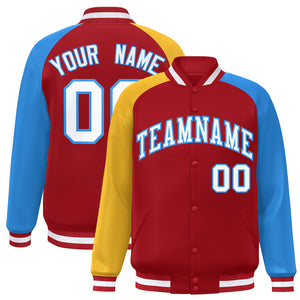 Custom Red Powder Blue-Gold Varsity Full-Snap Authentic Raglan Sleeves Letterman Bomber Jacket