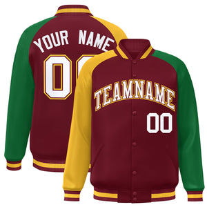 Custom Crimson Kelly Green-Gold Varsity Full-Snap Authentic Raglan Sleeves Letterman Bomber Jacket