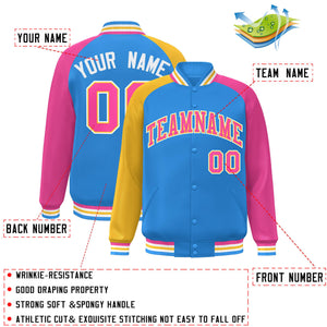 Custom Powder Blue Pink-Gold Varsity Full-Snap Authentic Raglan Sleeves Letterman Bomber Jacket