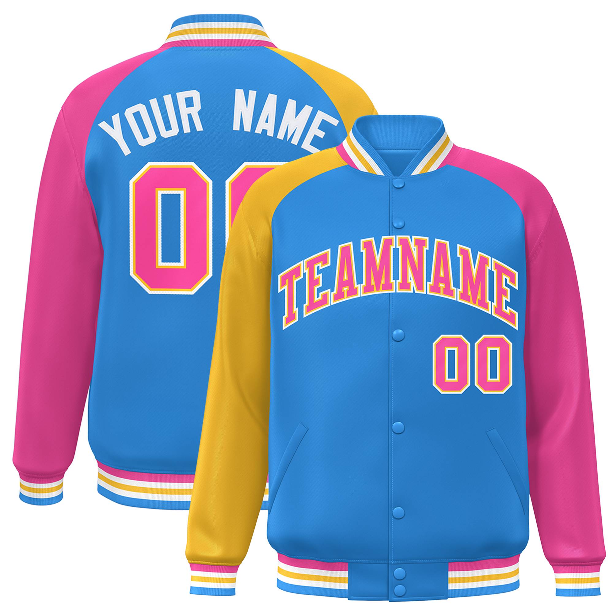 Custom Powder Blue Pink-Gold Varsity Full-Snap Authentic Raglan Sleeves Letterman Bomber Jacket