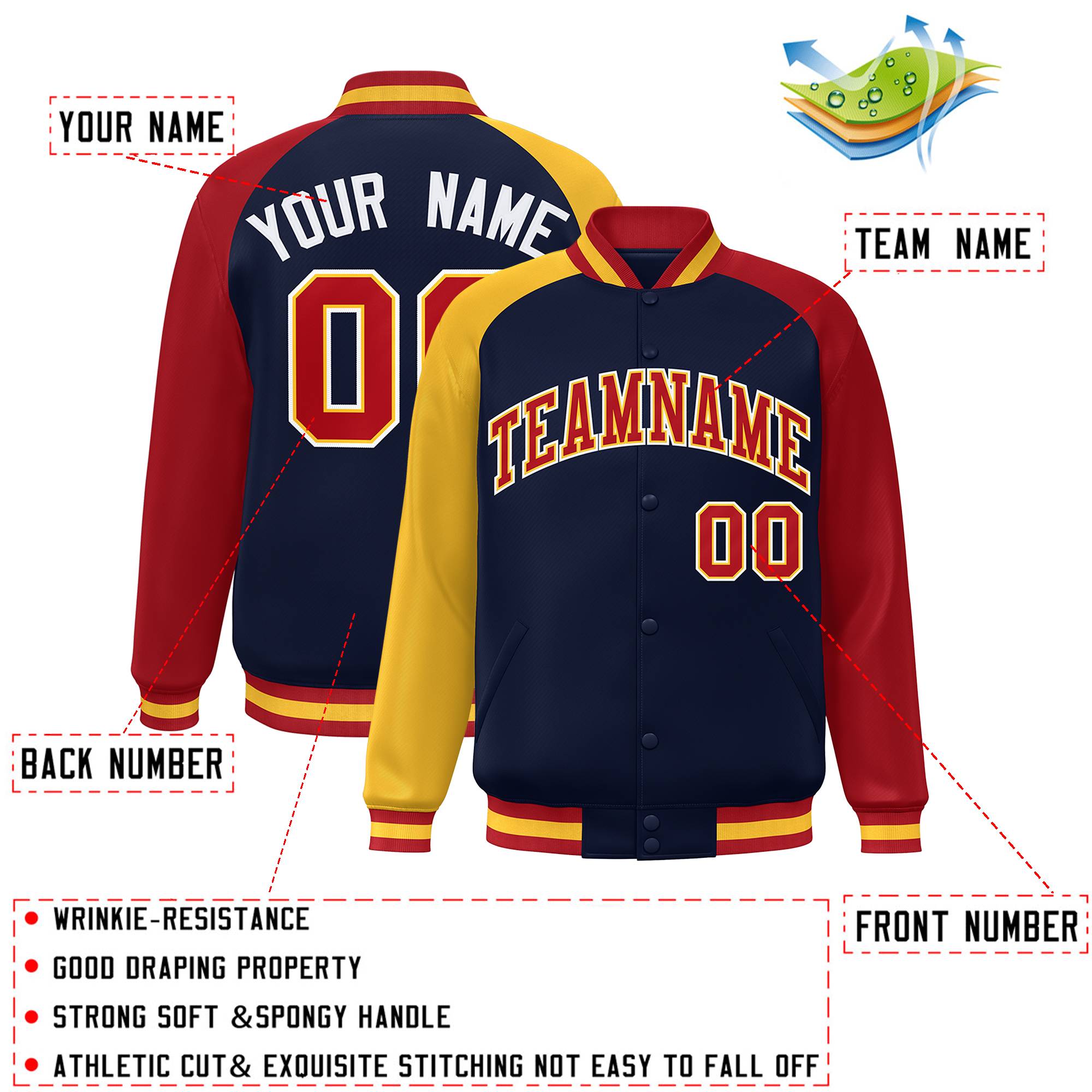 Custom Navy Red-Gold Varsity Full-Snap Authentic Raglan Sleeves Letterman Bomber Jacket