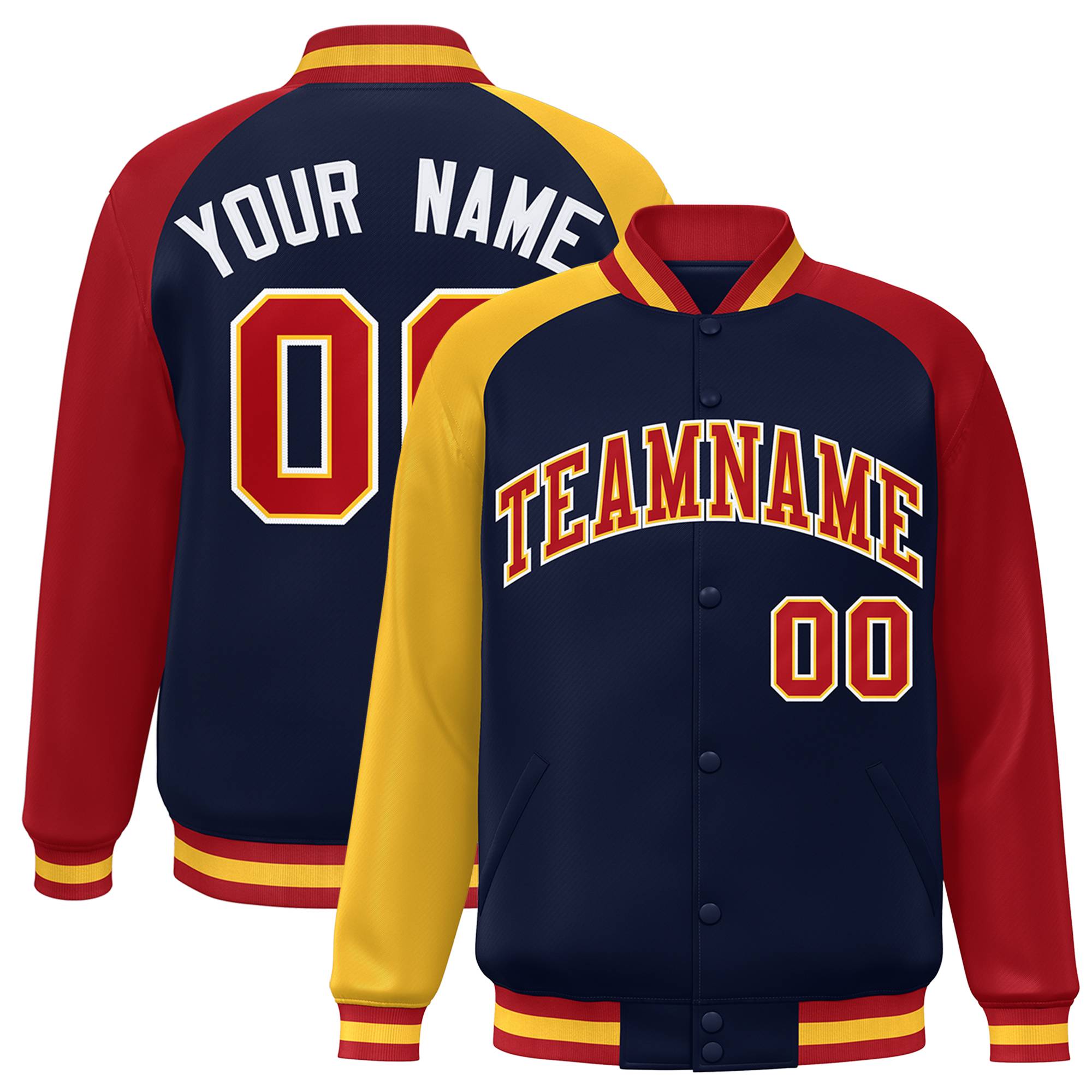 Custom Navy Red-Gold Varsity Full-Snap Authentic Raglan Sleeves Letterman Bomber Jacket